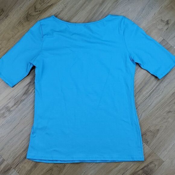 🔹️🔺️Blue Scoop Neck Stretchy Elbow Sleeve Top Large - Picture 6 of 11